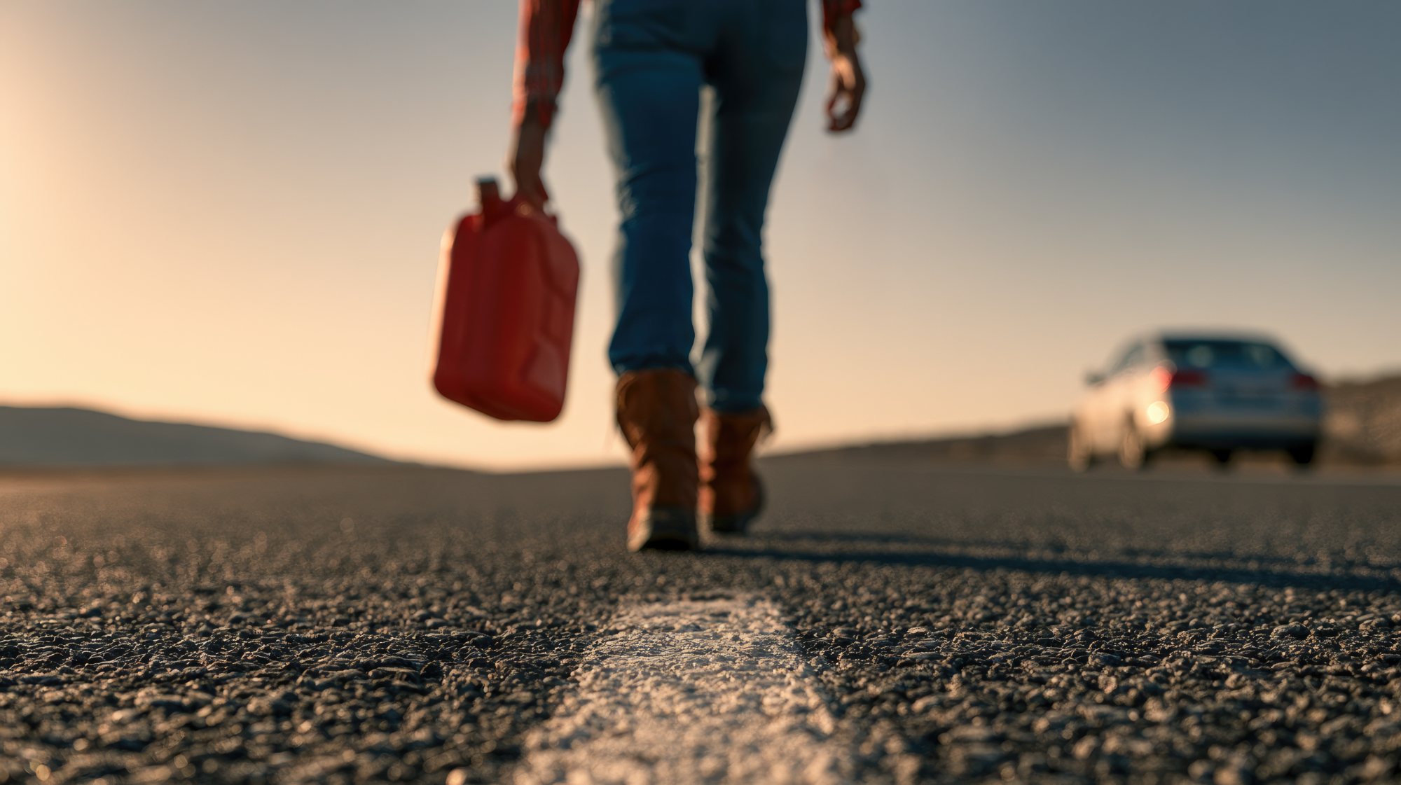 Person carrying red bag walking on desert road toward car at sunset