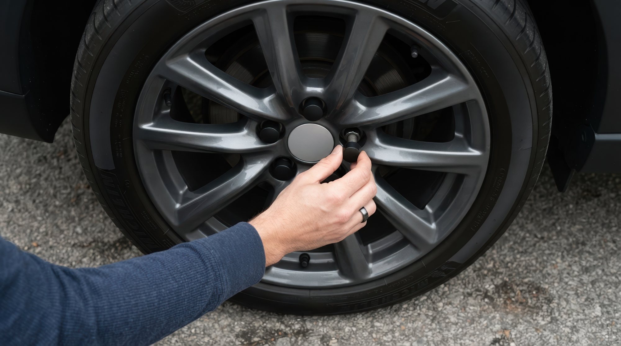 Person placing hub cap on vehicle wheel rim